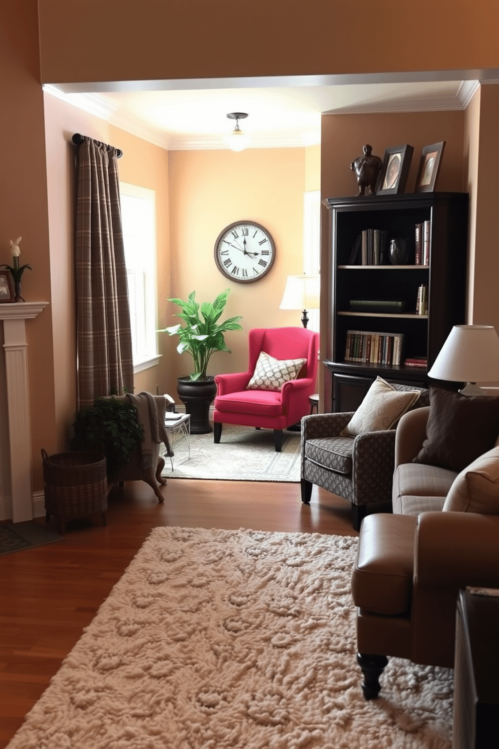 A cozy family room featuring a red accent chair nestled in a charming corner nook. The walls are adorned with warm, neutral tones, and a plush area rug anchors the space, inviting relaxation and conversation.