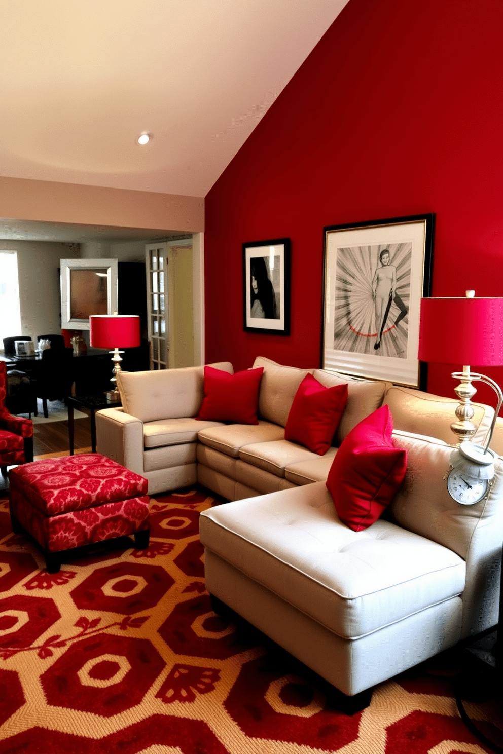 A cozy family room featuring a deep red accent wall that adds warmth and vibrancy to the space. In the center, a plush sectional sofa in neutral tones is complemented by vibrant red throw pillows, creating a welcoming atmosphere. Stylish red lamps with sleek designs are strategically placed on side tables, casting a soft glow for evening relaxation. A large area rug with geometric patterns in shades of red and beige anchors the seating area, enhancing the room's overall aesthetic.