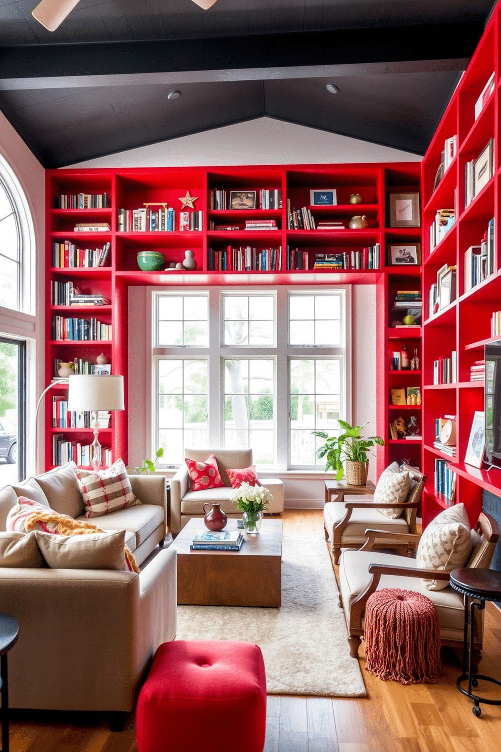 A vibrant family room featuring striking red bookshelves that display a curated selection of books and decorative items. The shelves are complemented by a cozy seating arrangement with plush sofas in neutral tones, creating a warm and inviting atmosphere. The room is accented with colorful throw pillows and a stylish area rug that ties the space together. Large windows allow natural light to flood in, enhancing the lively ambiance of this family-centric space.