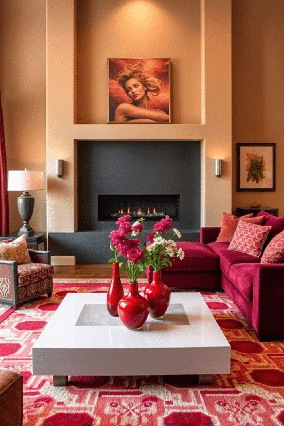 A cozy family room adorned with rich, warm tones and plush furnishings. The focal point is a large, inviting sectional sofa in a deep burgundy fabric, complemented by a pair of red vases filled with fresh flowers on a sleek coffee table. The walls are painted in a soft beige, providing a warm backdrop that enhances the vibrant decor. A stylish area rug with geometric patterns in shades of red and cream anchors the space, while a contemporary fireplace adds a touch of elegance and warmth.