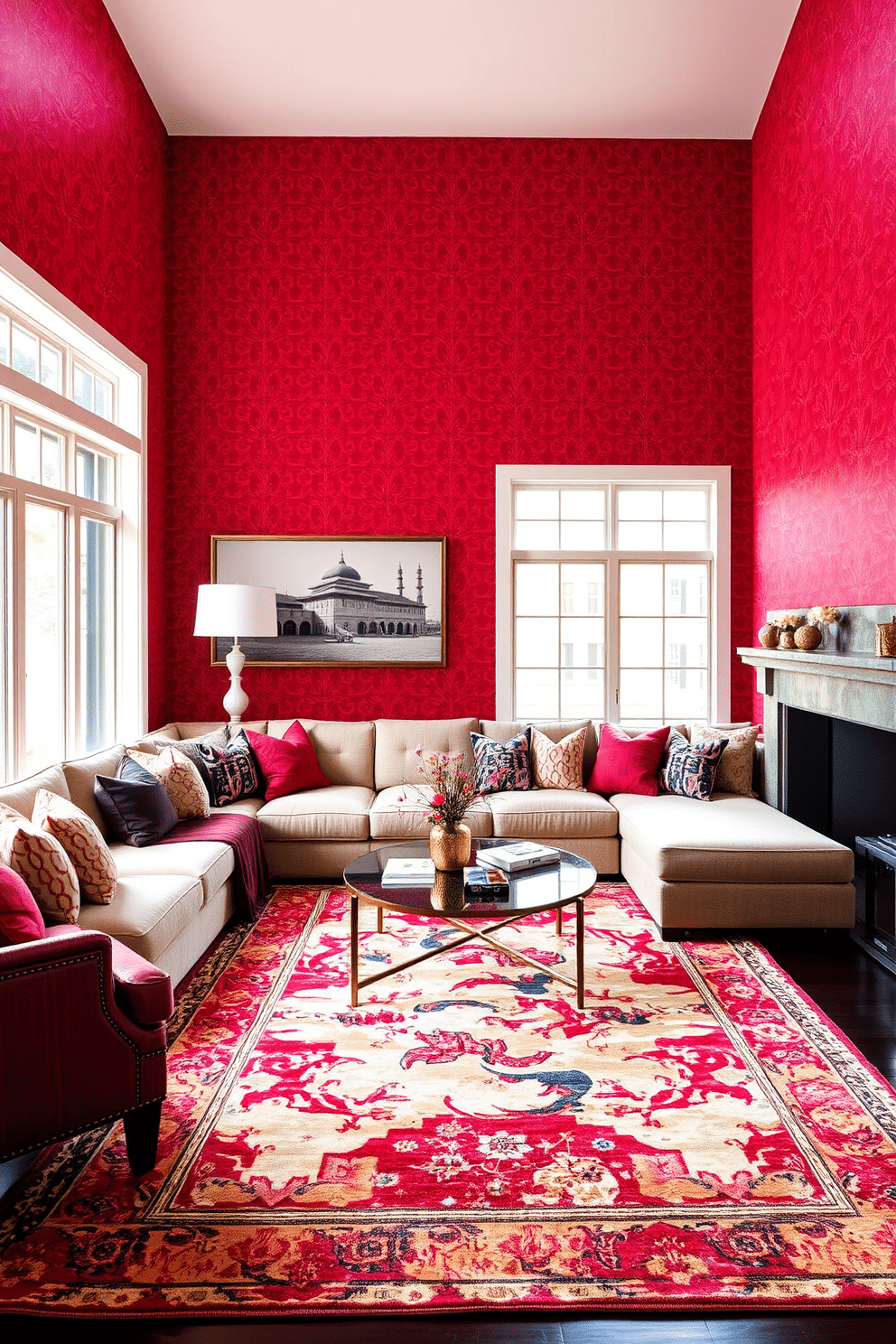 A striking family room featuring red patterned wallpaper that creates a bold statement. The space is furnished with a plush sectional sofa in a complementary neutral tone, accented by vibrant throw pillows. A large area rug anchors the seating area, showcasing a mix of warm colors that harmonize with the wallpaper. Floor-to-ceiling windows allow natural light to flood the room, enhancing the rich hues and creating an inviting atmosphere.