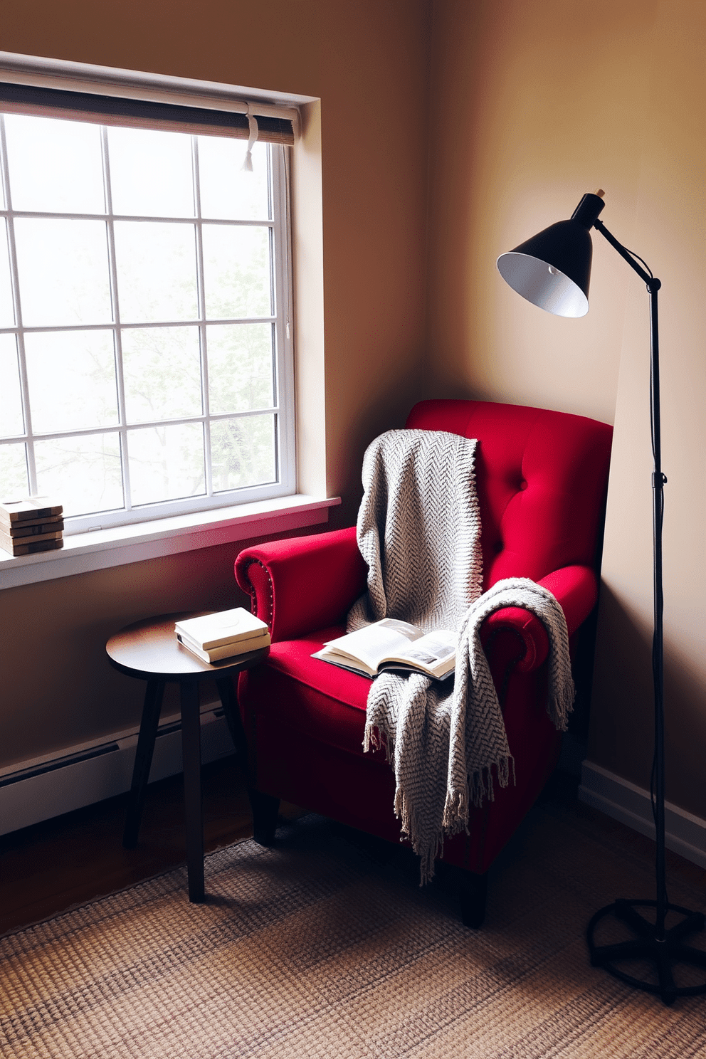 A cozy reading nook featuring a plush red armchair, nestled in a corner by a large window that allows natural light to flood the space. A small wooden side table holds a stack of books and a steaming cup of tea, while a soft, textured throw blanket drapes over the chair. The walls are painted in a warm beige tone, creating a welcoming contrast with the vibrant red of the chair. A stylish floor lamp stands nearby, providing additional lighting for those late-night reading sessions, and a woven rug adds warmth underfoot.