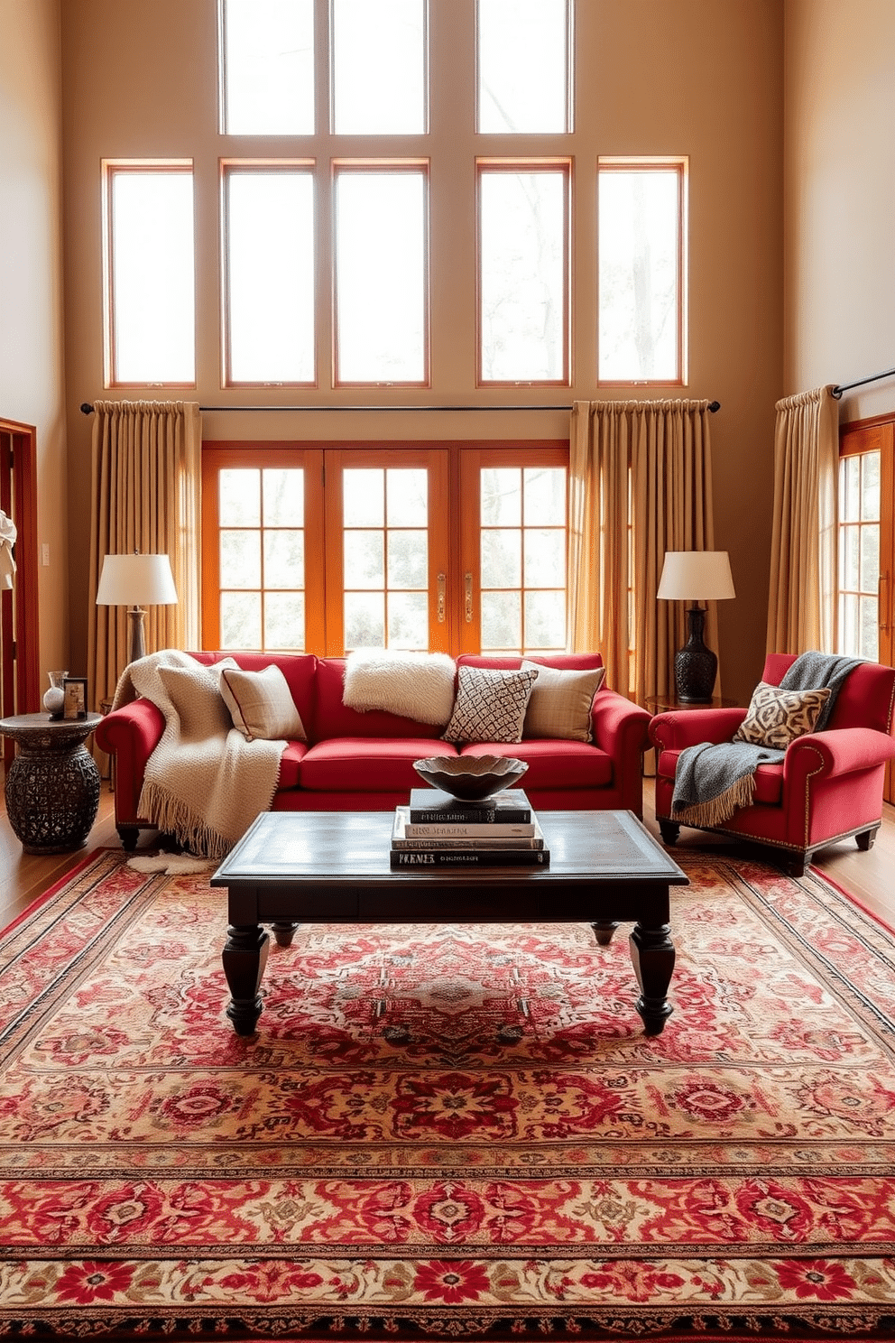 A cozy family room featuring a plush red sofa adorned with various textured throws. The walls are painted a warm beige, and a large area rug with intricate patterns anchors the seating area. A wooden coffee table sits in the center, decorated with a stack of art books and a decorative bowl. Floor-to-ceiling windows allow natural light to flood the space, complemented by soft, sheer curtains.