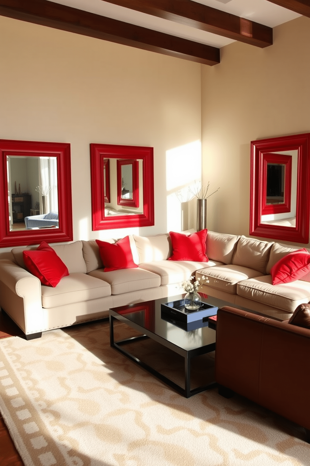 A cozy family room featuring red-framed mirrors strategically placed to enhance natural light. The space is adorned with a plush sectional sofa in neutral tones, complemented by vibrant red and orange accent pillows. The walls are painted a soft cream, providing a warm backdrop for the mirrors that reflect the sunlight. A large area rug with geometric patterns anchors the seating area, while a sleek coffee table adds a modern touch.