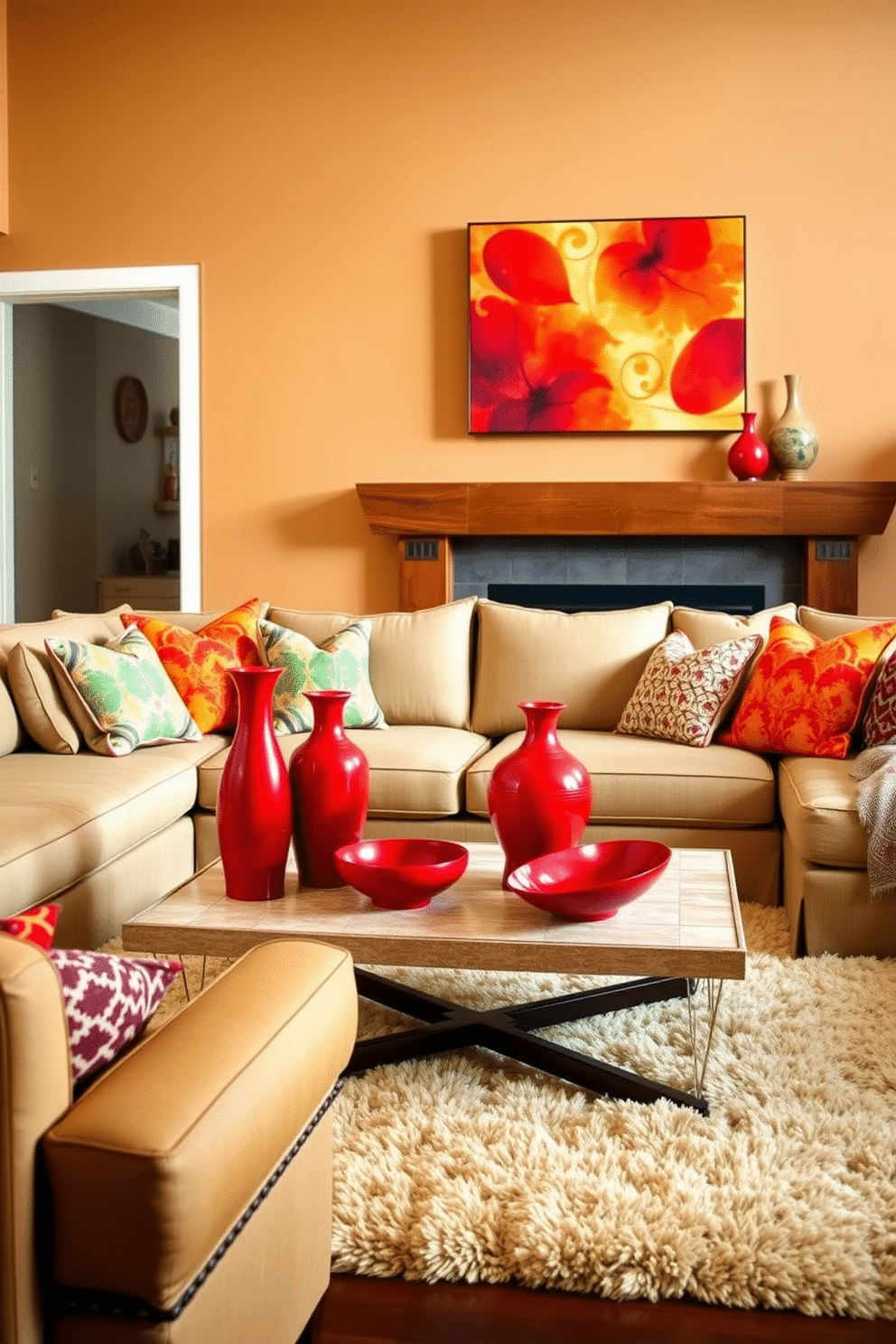 A vibrant family room featuring a cozy sectional sofa adorned with colorful throw pillows. The coffee table is styled with red ceramic vases and decorative bowls, adding a pop of color to the space. The walls are painted in a warm neutral tone, creating a welcoming atmosphere. A plush area rug anchors the seating area, while artwork with red accents hangs above the fireplace, tying the design together.