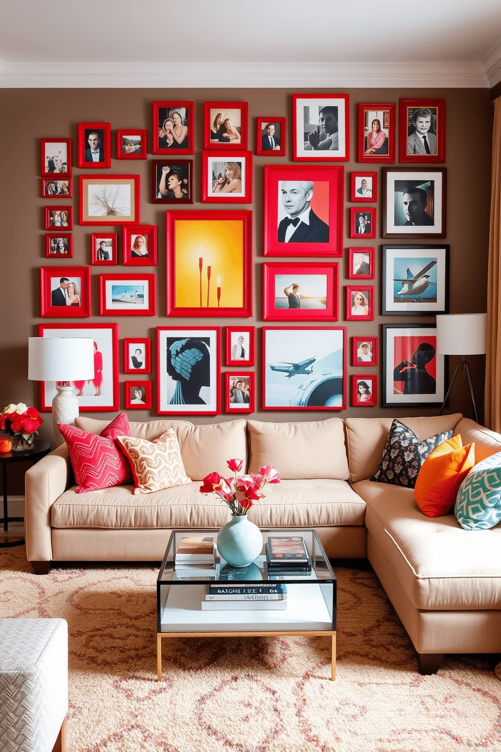 A vibrant family room featuring a gallery wall adorned with a collection of red frames. The wall showcases a mix of family photos and abstract art, creating a lively focal point that energizes the space. The room is anchored by a plush sectional sofa in a neutral tone, complemented by colorful throw pillows that echo the red frames. A stylish coffee table sits at the center, surrounded by a cozy area rug that adds warmth and texture to the design.