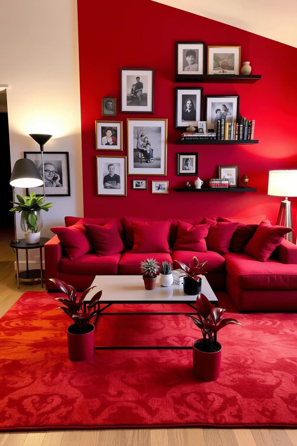 A vibrant family room featuring a rich red accent wall that serves as a backdrop for a cozy sectional sofa adorned with plush throw pillows in various shades of red. A large area rug in warm tones anchors the space, while a stylish coffee table sits at the center, surrounded by potted red plants that add a lively touch. The room is illuminated by soft, ambient lighting from modern floor lamps, creating an inviting atmosphere for relaxation and gatherings. A gallery wall showcases family photos in elegant frames, complemented by decorative shelves displaying colorful books and art pieces that enhance the room's personality.