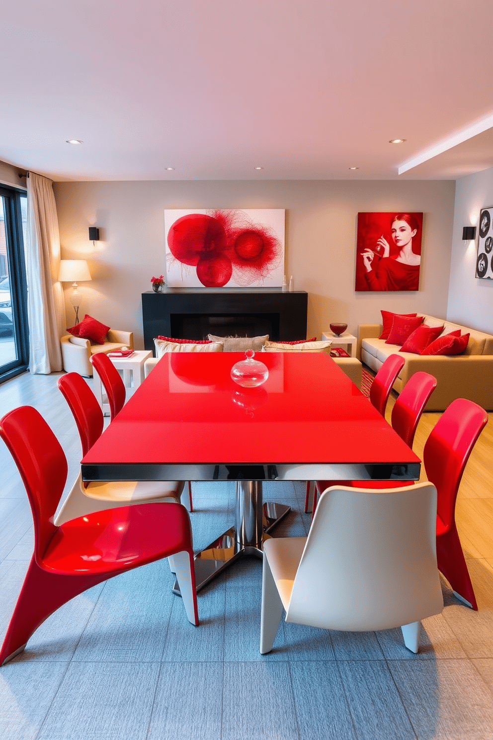 A vibrant red dining table takes center stage in the family room, surrounded by sleek, modern chairs that complement its bold hue. The space features a cozy seating arrangement with plush sofas in neutral tones, creating a warm and inviting atmosphere for family gatherings. The walls are adorned with contemporary art pieces that echo the red accents of the table, adding a playful yet sophisticated touch to the design. Soft lighting from stylish fixtures enhances the overall ambiance, making the family room a perfect blend of comfort and elegance.