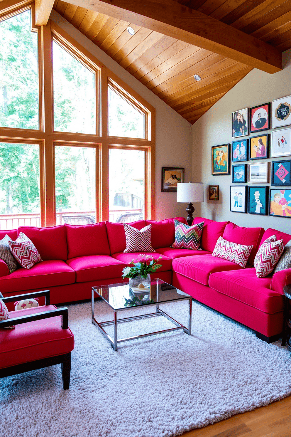 A vibrant family room setting featuring custom cushions upholstered in rich red fabric, adding a bold pop of color to the space. The room is anchored by a plush sectional sofa, complemented by a sleek glass coffee table and a soft, neutral area rug. Large windows allow natural light to flood the room, highlighting the warm wood tones of the furniture. A gallery wall adorned with family photos and colorful artwork creates a personal touch, while decorative throw pillows in varying patterns enhance the inviting atmosphere.