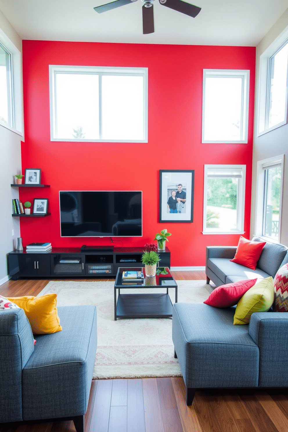 A vibrant family room features a striking red accent wall behind a sleek, modern television. The space is furnished with a plush gray sectional sofa, complemented by colorful throw pillows that enhance the room's lively atmosphere. Natural light floods in through large windows, illuminating a stylish coffee table at the center of the room. Decorative shelves on either side of the TV display family photos and books, adding a personal touch to the inviting space.