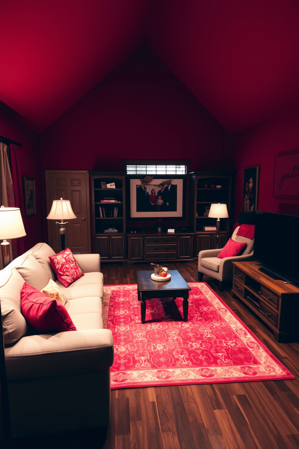 A cozy family room infused with warmth, featuring rich red accents throughout the space. The walls are painted a deep crimson, complemented by a wooden coffee table and plush beige sofas adorned with red throw pillows. A large area rug with a subtle red pattern anchors the seating area, while a wooden entertainment unit houses a flat-screen TV. Soft lighting from stylish floor lamps creates an inviting atmosphere, perfect for family gatherings.