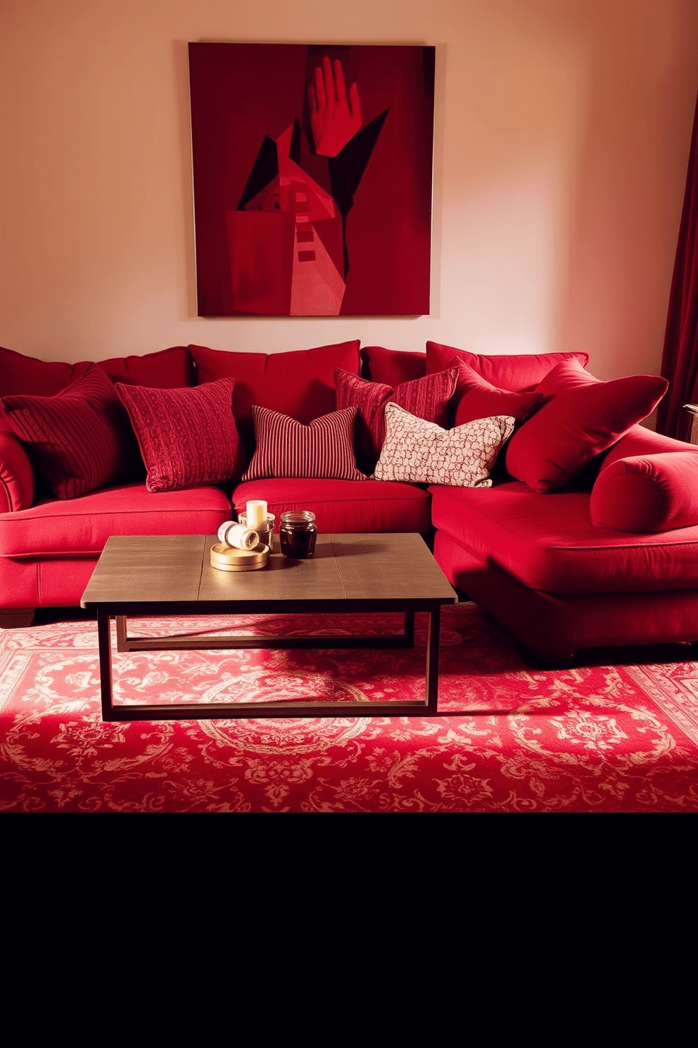 Layer red textiles for a cozy vibe. A plush red sofa is adorned with an array of textured cushions in varying shades of red, creating a warm and inviting atmosphere. The walls are painted a soft cream to enhance the richness of the red hues. A large area rug with intricate patterns in red and gold anchors the seating area, adding warmth and depth to the space.