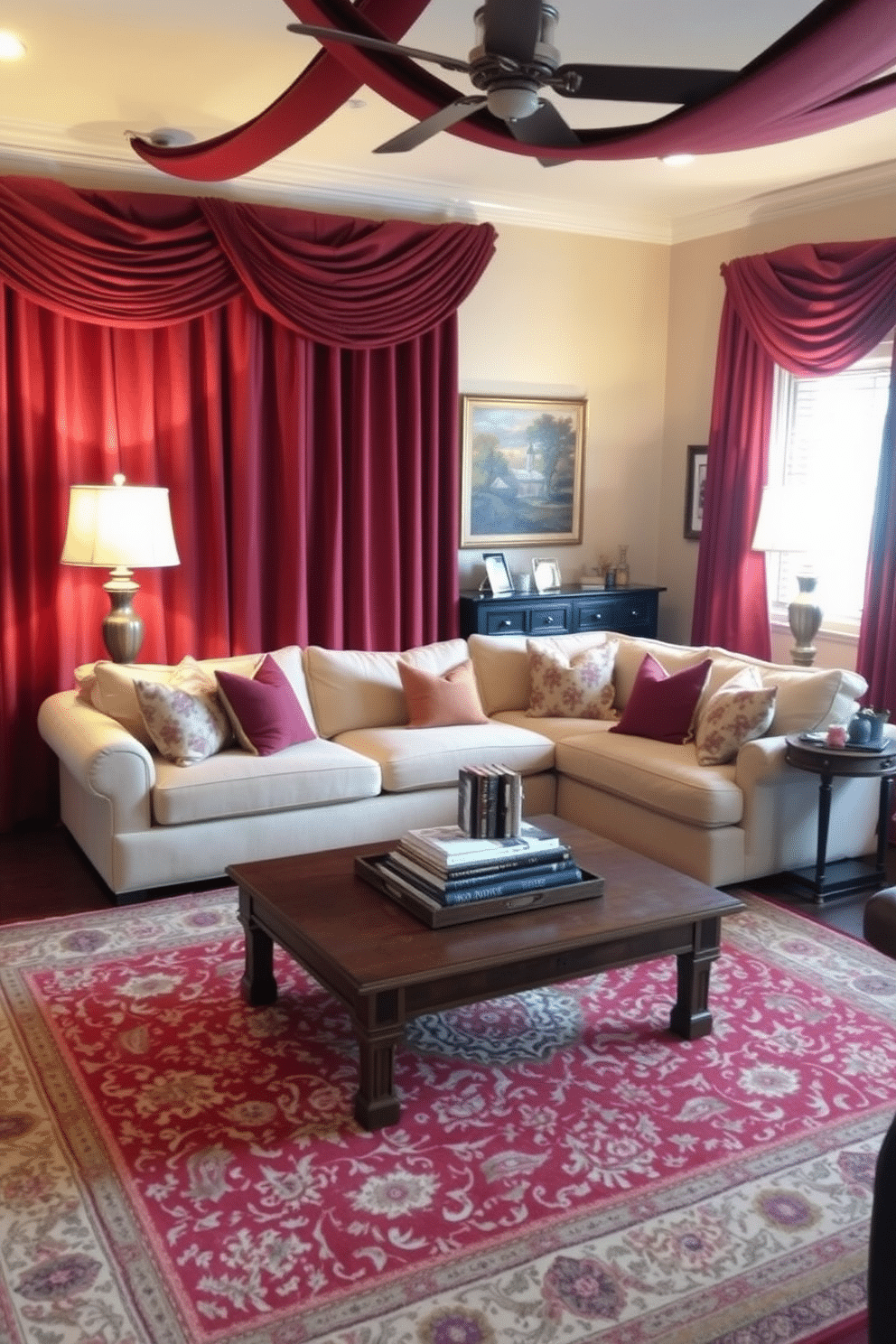 A cozy family room featuring warm burgundy curtains that drape elegantly from the ceiling to the floor, creating an inviting atmosphere. The room is furnished with a plush sectional sofa in neutral tones, complemented by decorative throw pillows in rich, contrasting colors. A large area rug with intricate patterns anchors the space, while a wooden coffee table sits at the center, adorned with a stack of books and a decorative tray. Soft, ambient lighting from stylish floor lamps enhances the warmth, making the room perfect for relaxation and family gatherings.