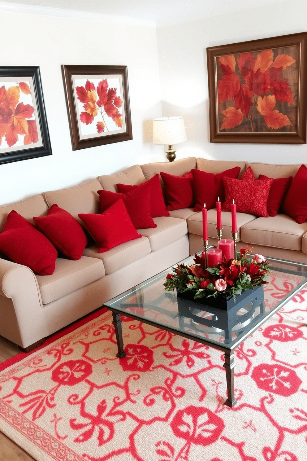 A vibrant family room adorned with seasonal decor featuring rich red accents. Plush red throw pillows are scattered across a comfortable beige sectional sofa, while a festive red and white patterned area rug anchors the space. On the walls, framed artwork showcases autumn leaves in shades of red and orange, enhancing the warm ambiance. A stylish coffee table is adorned with seasonal decorations, including a centerpiece of red candles and seasonal foliage.