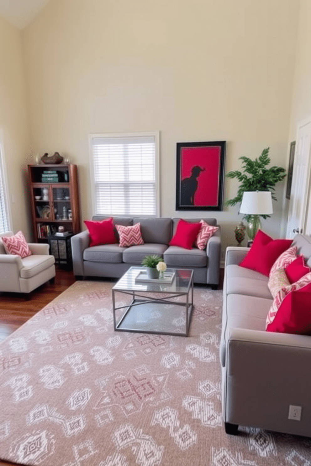 A vibrant family room featuring a gray couch adorned with bright red throw pillows that add a pop of color. The walls are painted in a soft cream tone, and a large area rug with geometric patterns anchors the seating area, creating a warm and inviting atmosphere.