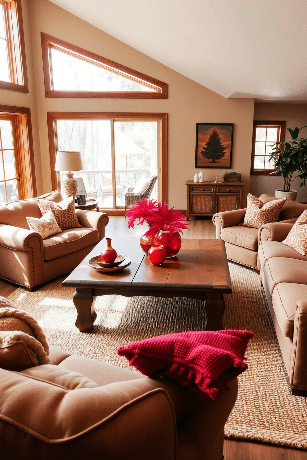 A rustic wooden coffee table sits at the center of the family room, adorned with vibrant red decor pieces that add a pop of color. Surrounding the table are plush, comfortable sofas in earthy tones, creating an inviting atmosphere perfect for gatherings. The walls are painted in a warm beige, complementing the natural wood accents throughout the space. Large windows allow natural light to flood in, highlighting the cozy textures of the woven rugs and decorative cushions.