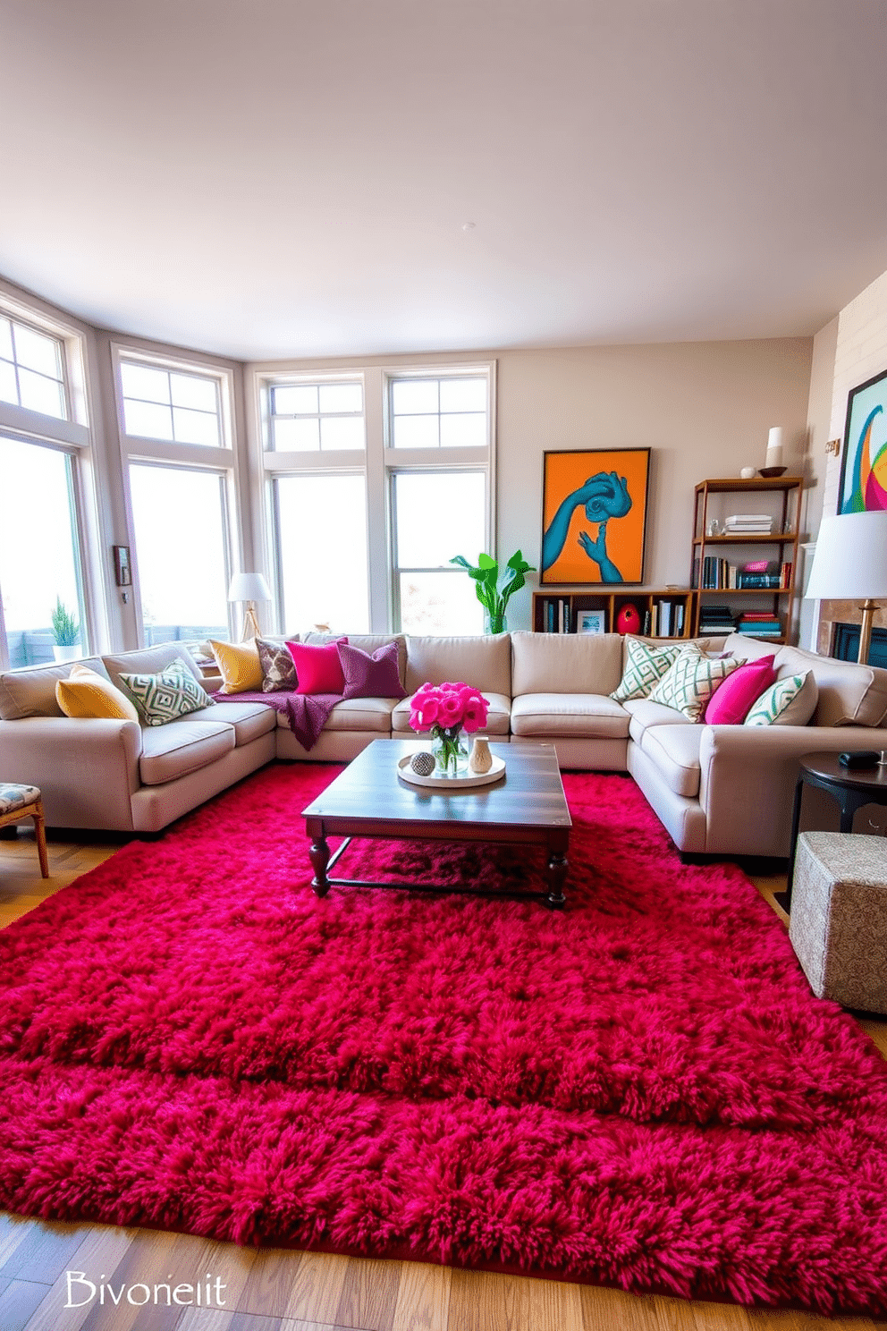 A vibrant family room featuring a plush red area rug that anchors the seating arrangement. The room is adorned with a cozy sectional sofa in neutral tones, complemented by colorful throw pillows that add warmth and personality. Large windows allow natural light to flood the space, highlighting the rich textures of the rug and the wooden coffee table in the center. Wall art in bold colors and a stylish bookshelf filled with books and decorative items create an inviting atmosphere perfect for family gatherings.