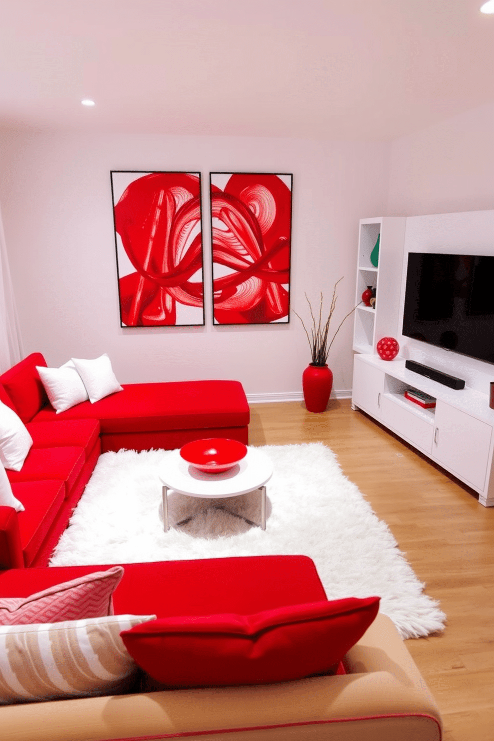 A vibrant family room featuring a mix of red and white accents. The walls are painted in a soft white, while a bold red sectional sofa takes center stage, complemented by white throw pillows. A stylish coffee table sits on a plush white area rug, adorned with a striking red decorative bowl. To the side, a sleek white entertainment unit showcases a large television, surrounded by red and white artwork that adds personality to the space.