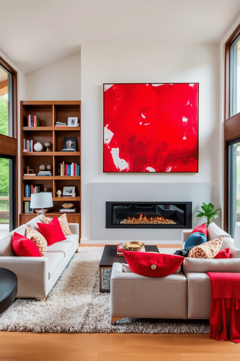 A vibrant family room featuring a large red artwork as the focal point, hung prominently above a sleek, modern fireplace. The room is designed with a cozy sectional sofa in neutral tones, complemented by colorful accent pillows that echo the red in the artwork. Rich wooden shelves line one wall, displaying curated books and decorative items, while a plush area rug anchors the seating area. Large windows allow natural light to flood the space, enhancing the inviting atmosphere and creating a warm, welcoming environment.