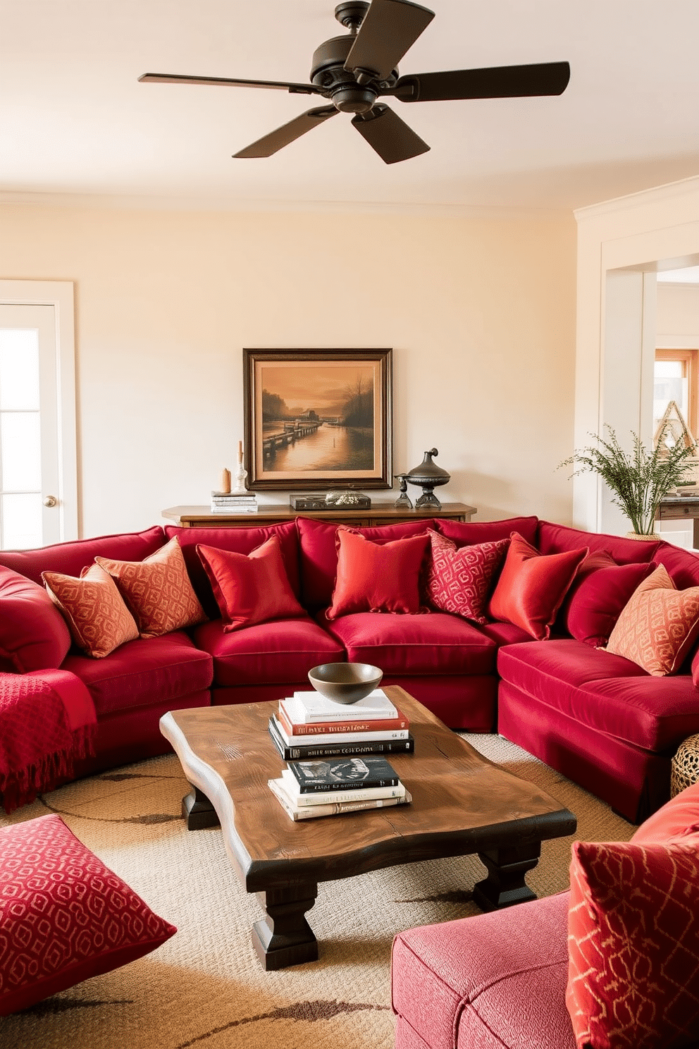 A cozy family room infused with warmth, featuring layered red and orange cushions scattered across a plush sectional sofa. The walls are painted in a soft cream color, and a rustic wooden coffee table sits in the center, adorned with a stack of books and a decorative bowl.