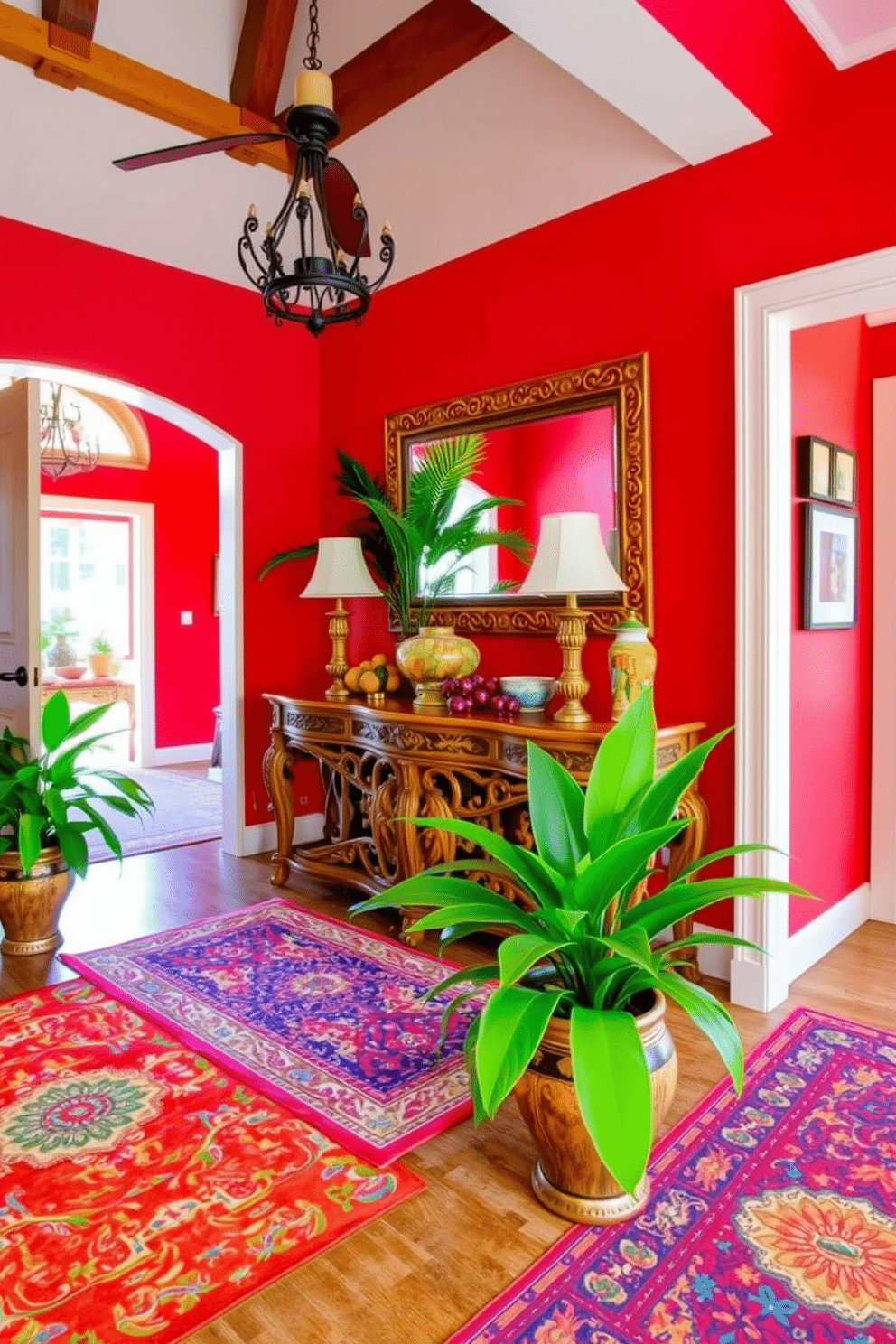 A vibrant Caribbean-inspired foyer welcomes guests with its bold red walls and tropical accents. The space features a large, intricately carved wooden console table adorned with colorful decorative items and a large mirror framed in natural wood. Brightly patterned area rugs add warmth and texture to the floor, complementing the rich hues of the walls. Lush green plants in decorative pots bring a touch of nature indoors, enhancing the tropical ambiance of the foyer.