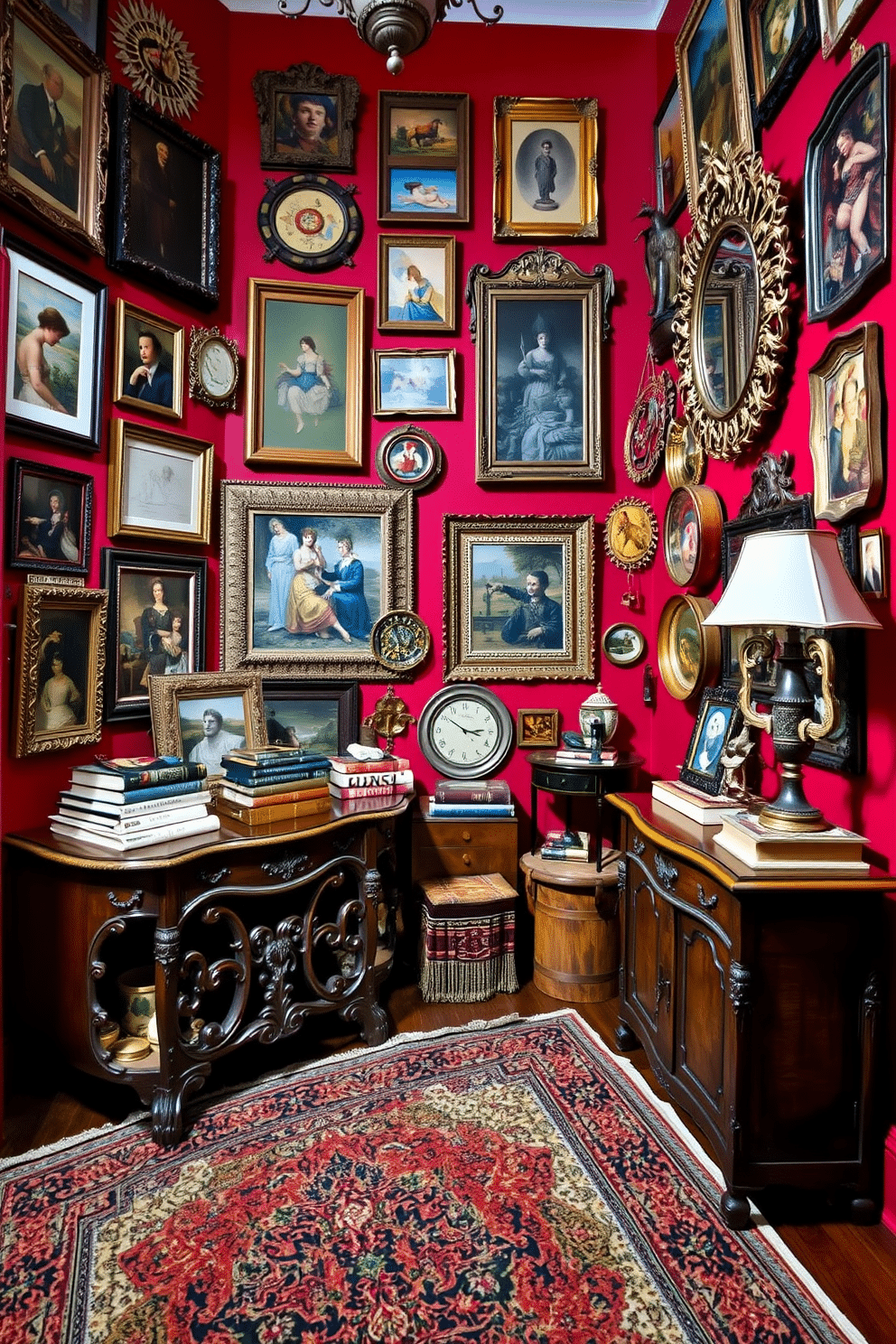 A vibrant eclectic foyer filled with vintage finds. The walls are painted a rich red, adorned with an array of framed artwork and eclectic mirrors. A large, ornate wooden console table sits against one wall, topped with a collection of antique books and a quirky lamp. An intricately patterned area rug lies beneath, adding warmth and texture to the space.