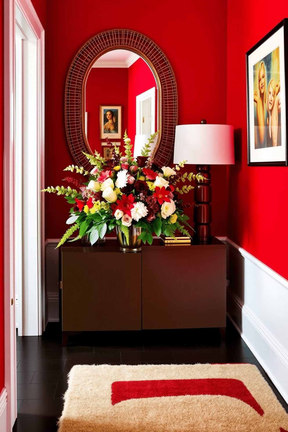 A vibrant red foyer welcomes guests with its bold color and striking floral arrangements. The space features a sleek console table adorned with a large bouquet of mixed flowers in an elegant vase, complemented by a decorative mirror above. The walls are painted in a rich crimson hue, creating a dramatic backdrop for the art pieces displayed. A plush area rug in contrasting colors lies beneath, adding warmth and texture to the entrance.