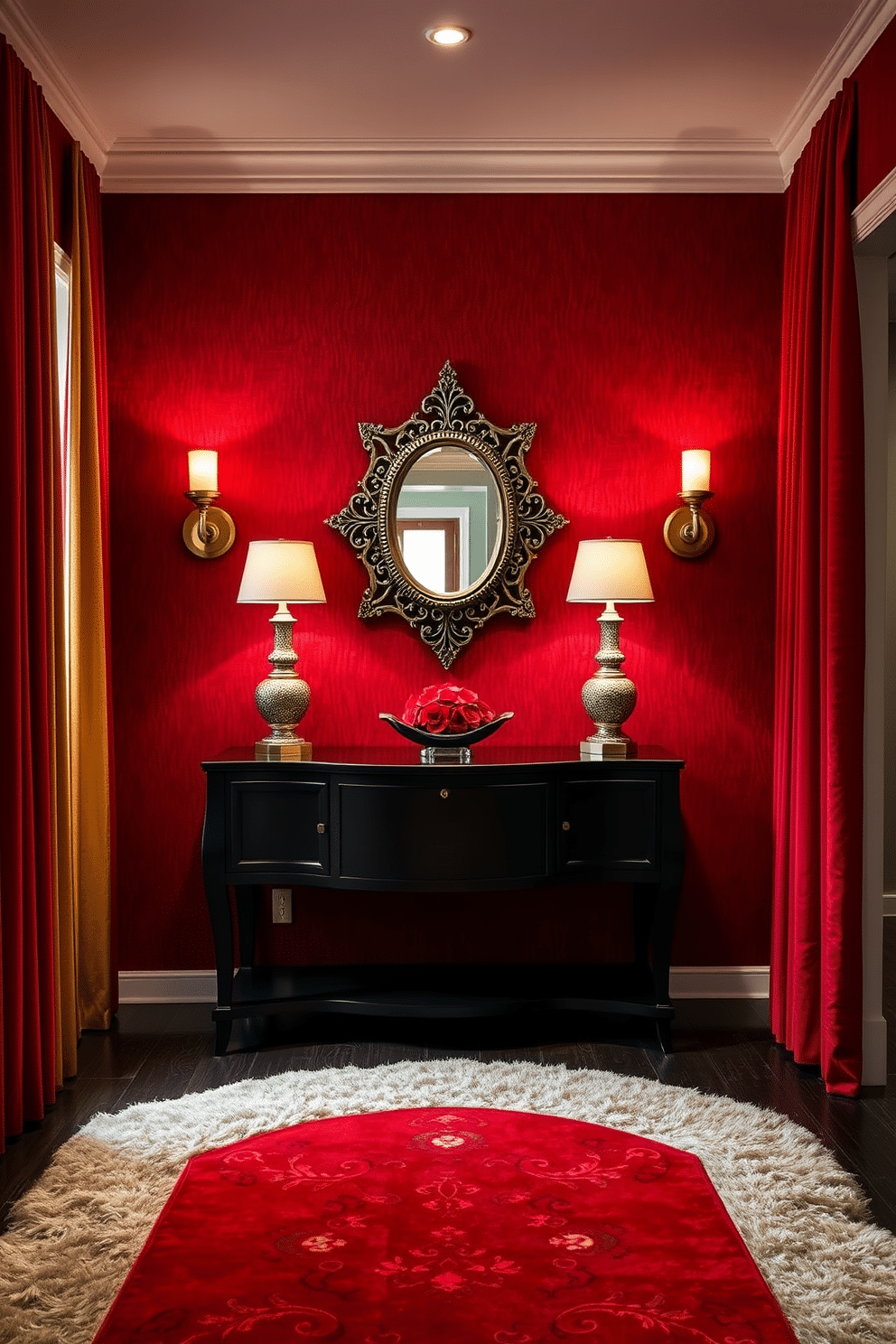 A textured red foyer adorned with luxurious fabric panels creates a striking first impression. The walls are covered in rich, deep red fabric, complemented by elegant gold accents and a plush area rug underfoot. In the center, a stunning console table made of dark wood showcases a decorative mirror with an ornate frame. Soft lighting from stylish sconces casts a warm glow, enhancing the inviting atmosphere of the space.