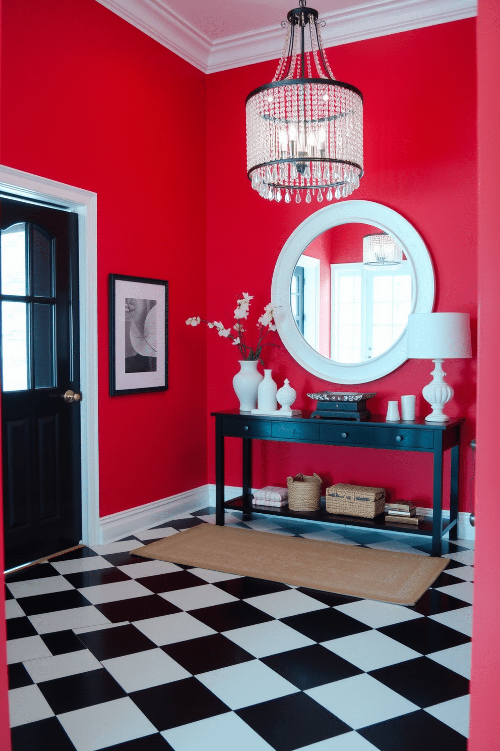 A striking red foyer welcomes guests with its bold color and elegant design. The walls are painted a vibrant red, complemented by a sleek black console table adorned with decorative items and a large round mirror framed in white. The floor features a classic black and white checkerboard pattern that enhances the dramatic contrast of the space. A stylish area rug in neutral tones adds warmth, while a statement chandelier hangs above, providing a touch of sophistication.