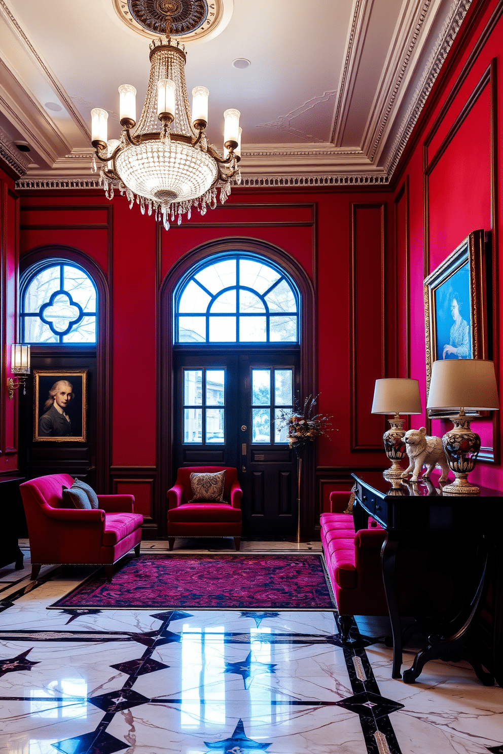 A luxurious foyer adorned in rich red tones welcomes guests with an air of opulence. Plush velvet upholstery lines the elegant seating area, complemented by a stunning chandelier that casts a warm glow across the space. The walls are embellished with intricate molding and framed artwork, adding to the grandeur of the design. A polished marble floor with a striking geometric pattern serves as a sophisticated foundation, while a decorative console table showcases an array of curated decor pieces.