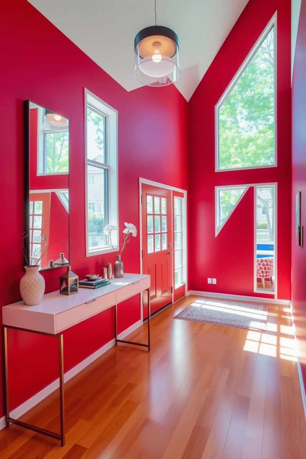 A bright red foyer welcomes guests with its vibrant color and abundant natural light streaming through large windows. The space features a sleek console table against one wall, adorned with decorative items and a stylish mirror above it. The floor is laid with polished hardwood, adding warmth to the bold red walls. A contemporary pendant light hangs from the ceiling, illuminating the area and enhancing the inviting atmosphere.