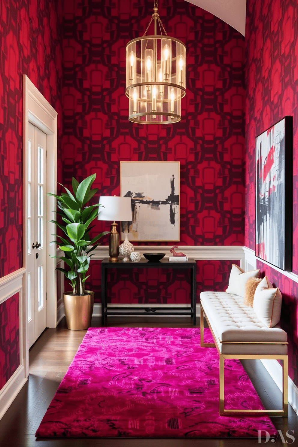 A chic foyer featuring bold red walls adorned with striking geometric patterns that create a dynamic visual impact. The space is illuminated by a modern chandelier, casting a warm glow over a sleek console table topped with decorative accents. A plush area rug in complementary tones anchors the space, while a large, abstract artwork hangs prominently on one wall. A stylish bench with gold accents provides seating, and a vibrant potted plant adds a touch of greenery to enhance the inviting atmosphere.