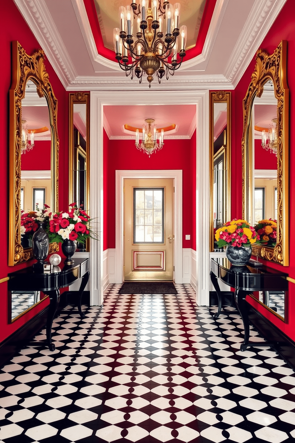 A luxurious Art Deco foyer featuring a bold red color scheme. The space is adorned with large, ornate mirrors with intricate gold detailing, reflecting the elegance of the design. The floor is covered in a stunning black and white geometric patterned tile, enhancing the dramatic atmosphere. Flanking the entrance are stylish console tables with decorative sculptures and a vibrant floral arrangement.