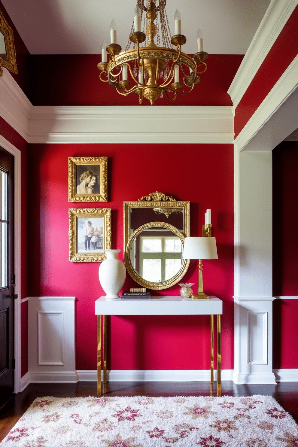 A sophisticated red foyer welcomes guests with a rich, deep crimson hue on the walls, creating an inviting yet dramatic atmosphere. Gold accents, such as a stunning chandelier and ornate picture frames, add a touch of elegance and luxury to the space. The foyer features a sleek console table with a glossy finish, topped with decorative items like a sculptural vase and a stylish mirror. A plush area rug in complementary tones lies beneath, enhancing the warmth and sophistication of the entrance.