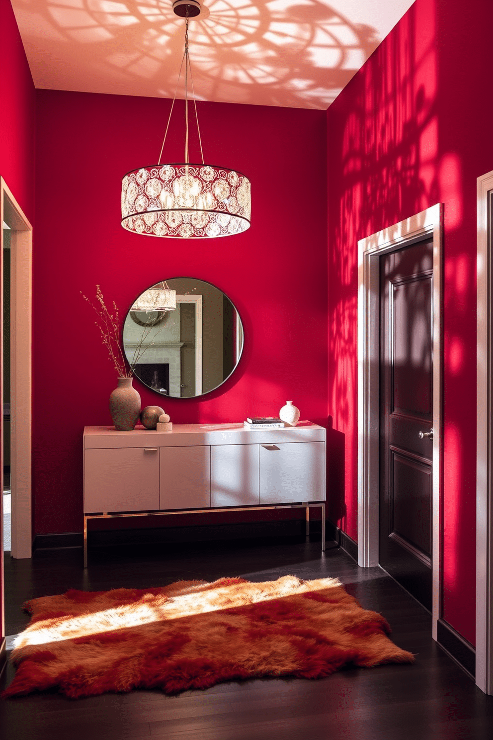 A striking red foyer welcomes guests with its bold color and unique lighting fixtures that create a warm ambiance. The space features a sleek console table against the wall, adorned with decorative objects and a large round mirror that reflects the vibrant hue. Suspended from the ceiling, an artistic chandelier adds a modern touch, casting intricate shadows across the walls. To enhance the design, a plush area rug in contrasting colors lies underfoot, inviting visitors to step inside and explore further.