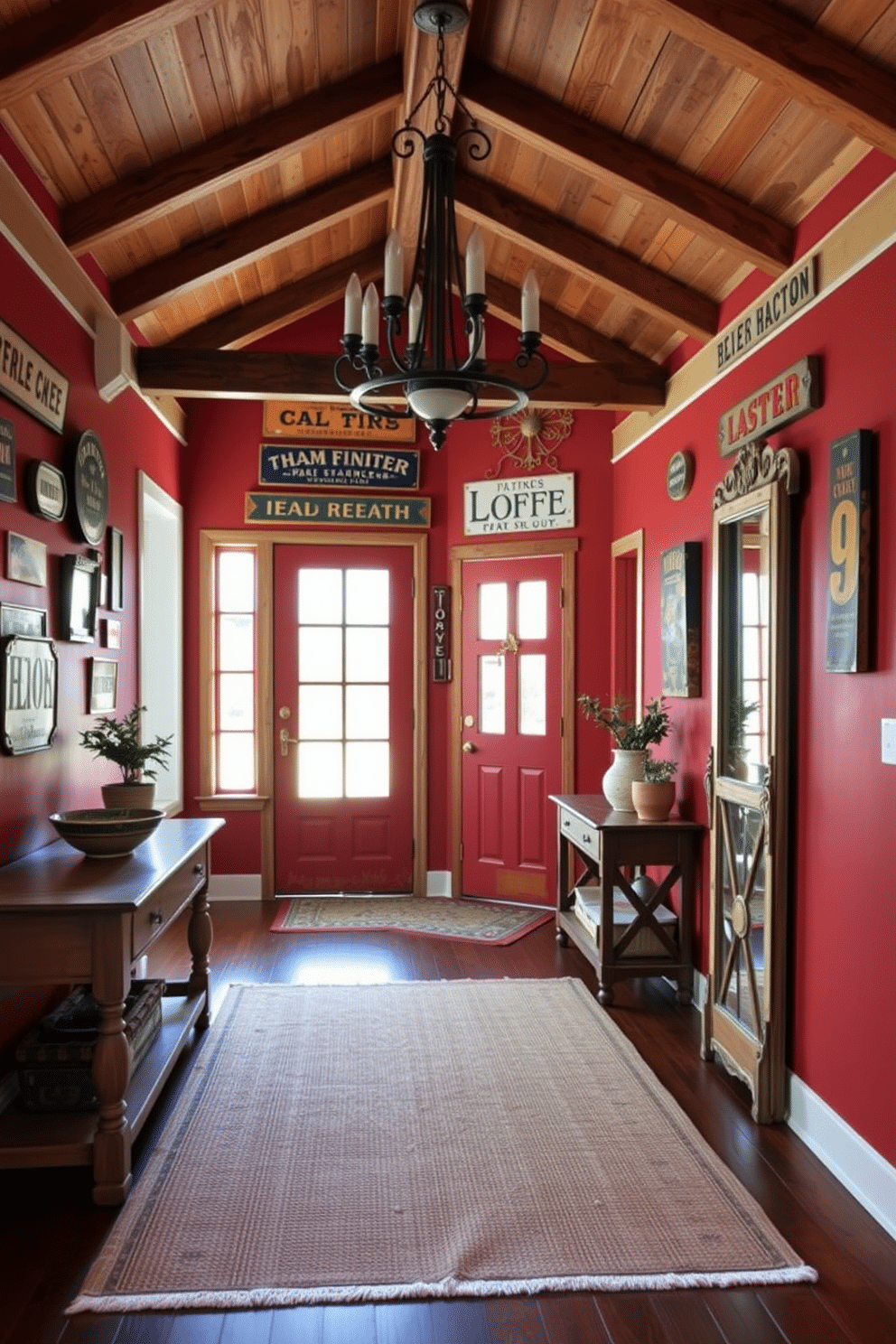 A warm farmhouse foyer painted in a rich shade of red, featuring rustic wooden beams overhead and a charming vintage chandelier. The space is adorned with a collection of vintage signs on the walls, adding character and a sense of history to the inviting entrance. A large, distressed wooden console table sits against one wall, topped with a decorative bowl and a few potted plants. A cozy area rug in neutral tones anchors the space, while a vintage mirror reflects the natural light streaming in through a nearby window.