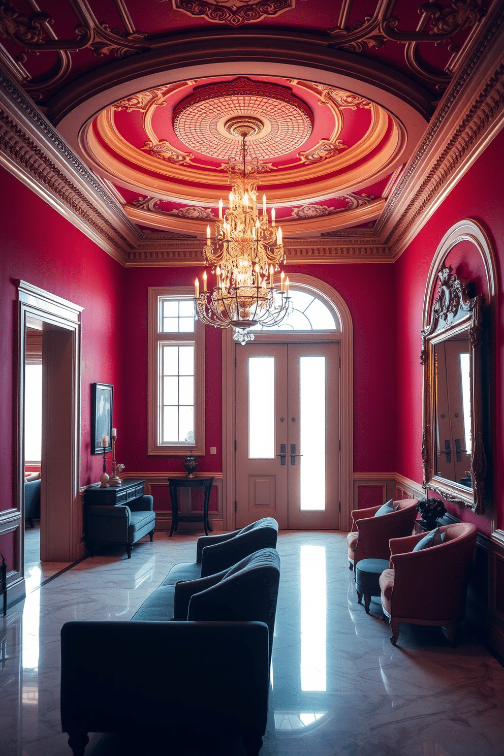 An elegant foyer bathed in rich red tones features intricate crown molding that adds a touch of sophistication. The space is adorned with a grand chandelier that casts a warm glow, illuminating the polished marble floor. A stylish console table sits against one wall, topped with decorative items and a large mirror framed in gold. Plush seating options in complementary colors invite guests to linger and admire the exquisite design.