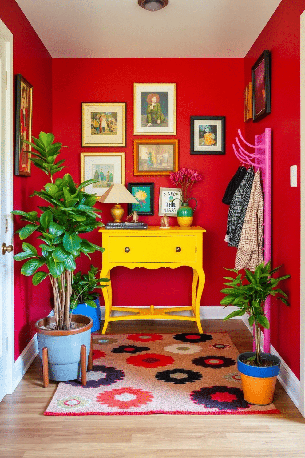 A playful foyer setting features vibrant red walls that create an inviting atmosphere. Colorful accessories, such as a bright yellow console table and an eclectic mix of framed artwork, add personality and charm to the space. A whimsical area rug with bold patterns anchors the foyer, while a stylish coat rack in a contrasting color provides functionality. Potted plants with lush greenery bring a touch of nature indoors, enhancing the playful vibe of the entrance.