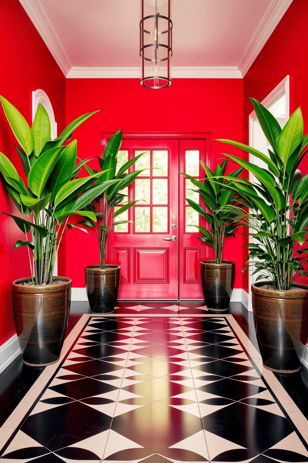 A vibrant red foyer welcomes guests with a bold statement, featuring large potted plants that add a touch of greenery. The floor is adorned with a sleek black and white geometric tile, complementing the rich red walls and creating a striking contrast.