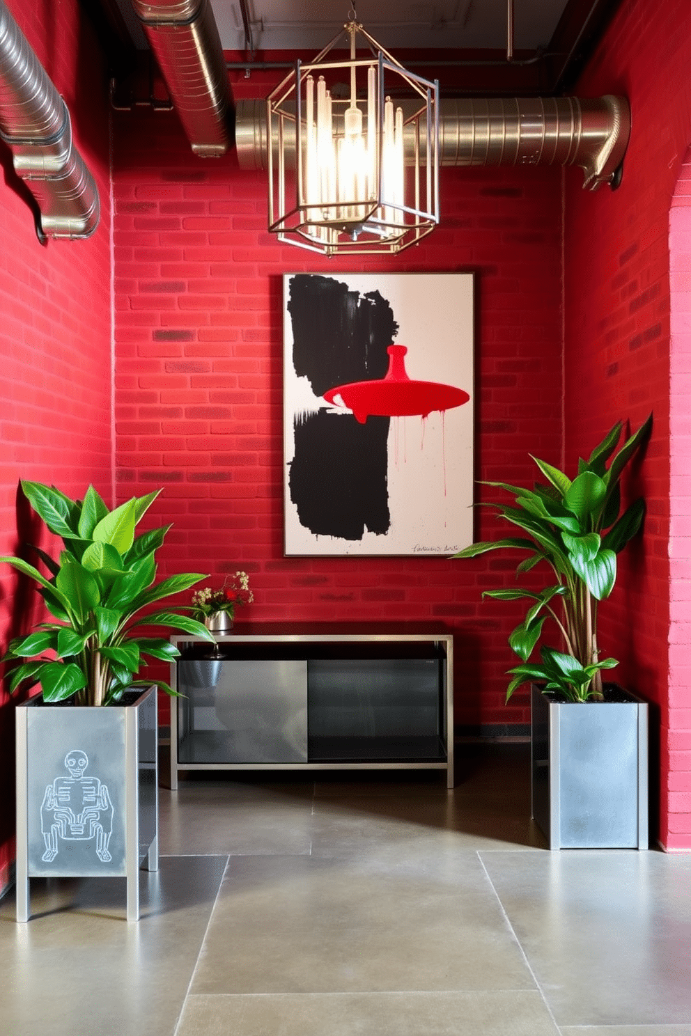 A striking industrial foyer featuring exposed brick walls painted in a deep red hue, creating a bold statement. Metal accents, such as a sleek steel console table and a geometric chandelier, add an edgy contrast to the warm tones of the space. The floor is adorned with polished concrete, enhancing the industrial vibe, while a large, abstract artwork in complementary colors hangs prominently on the wall. Potted plants in metal planters provide a touch of greenery, softening the overall design and inviting guests into the space.