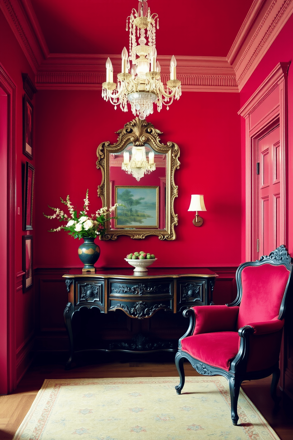 A classic red foyer that exudes elegance and warmth. The space features antique furniture, including a beautifully carved wooden console table and a vintage armchair upholstered in rich fabric. The walls are painted in a deep crimson hue, complemented by ornate crown molding. A large, ornate mirror hangs above the console, reflecting the soft glow of a crystal chandelier overhead.