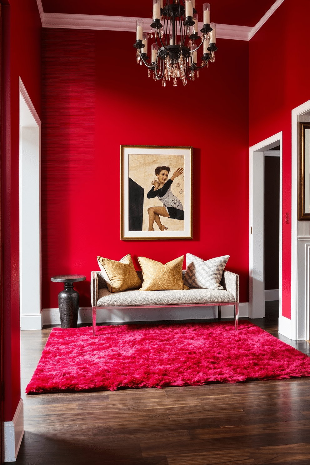 A striking red foyer welcomes guests with its bold color and layered textiles. The space features a plush area rug in varying shades of red, complemented by a set of decorative throw pillows on a sleek bench. On the walls, a mix of textured wallpaper and framed artwork creates visual interest. A statement chandelier hangs from the ceiling, casting a warm glow over the inviting entryway.