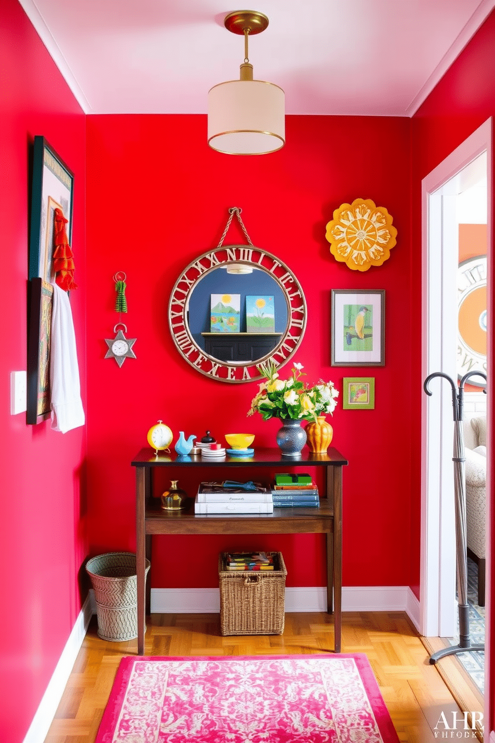 A whimsical red foyer greets visitors with its vibrant hue, featuring a playful mix of decor that sparks joy. A round mirror with a quirky frame hangs above a console table, adorned with colorful trinkets and a cheerful floral arrangement. The walls are painted a bold crimson, complemented by a patterned runner that leads to the main living area. Brightly colored artwork and whimsical wall hangings add character, while a vintage umbrella stand in the corner adds a touch of charm.