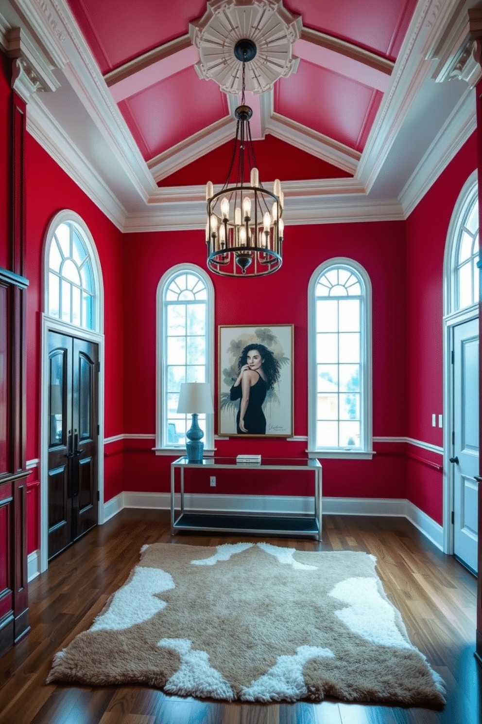 A bold red foyer welcomes guests with its striking hue, featuring intricate architectural details that elevate the space. The high ceiling is adorned with elegant crown molding, while a dramatic chandelier hangs above a sleek console table. Flanking the entrance are tall, arched windows that allow natural light to flood in, illuminating the rich red walls. A plush area rug in contrasting colors adds warmth, and a statement piece of artwork draws the eye, creating a focal point in the room.