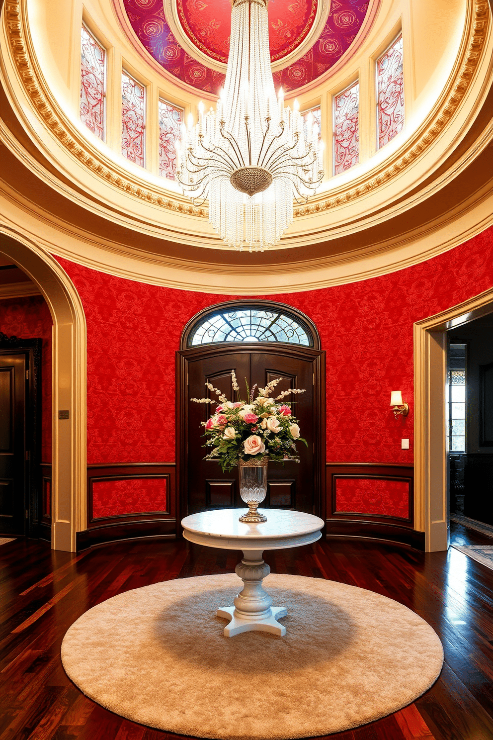 A grand rotunda foyer featuring a stunning chandelier that cascades from the high ceiling, illuminating the space with a warm glow. The walls are adorned with rich red wallpaper, complemented by intricate crown molding that adds elegance to the design. At the center of the foyer, a circular marble table is placed, showcasing a beautiful floral arrangement in a classic vase. Luxurious dark hardwood flooring contrasts beautifully with the vibrant red tones, while a plush area rug adds texture and warmth to the entryway.