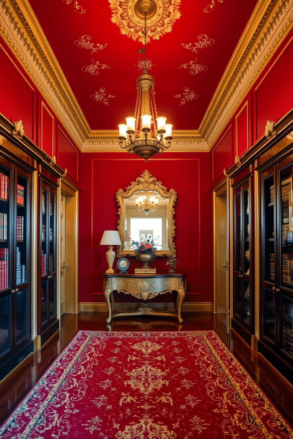 A grand foyer adorned with Old-World influences, featuring rich red walls embellished with intricate gold moldings. An elegant chandelier hangs from the ceiling, casting a warm glow over a vintage console table topped with ornate decor and a large gilded mirror. The floor is covered with a classic patterned area rug that complements the deep hues of the room. Flanking the entrance are tall, dark wood cabinets filled with antique books and decorative pieces, creating a sophisticated yet inviting atmosphere.