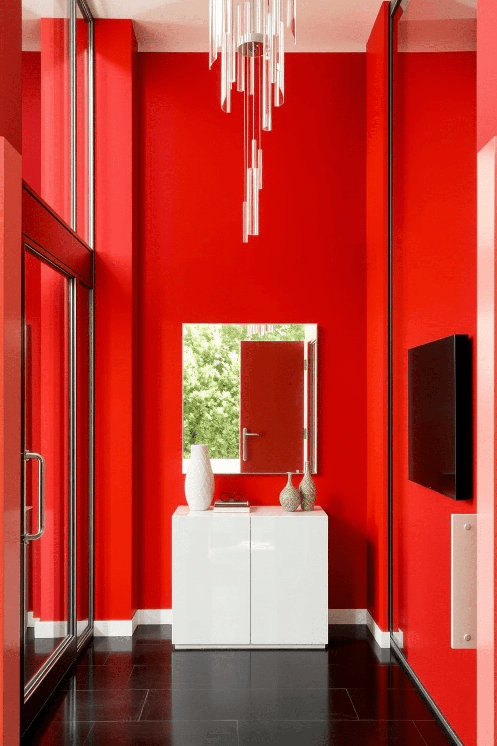 A contemporary foyer featuring bold red walls that create a striking first impression. The space is accented with sleek glass details, including a modern glass chandelier that hangs elegantly from the ceiling. A minimalist console table in a glossy white finish is positioned against the wall, topped with a few carefully curated decorative items. Large glass panels on either side of the entrance allow natural light to flood the area, enhancing the vibrant red tones.