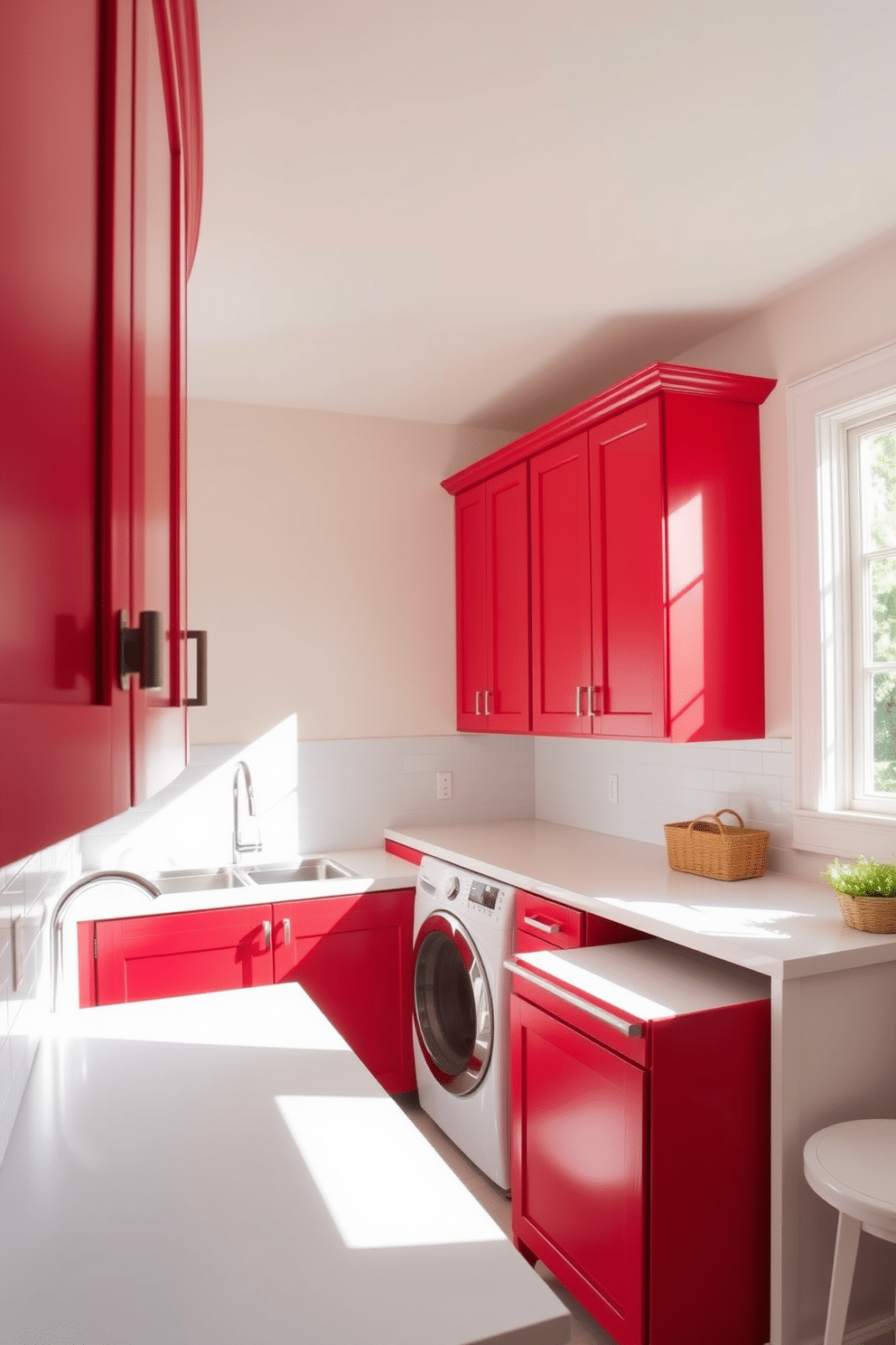 A vibrant laundry room featuring bold red cabinets that add a striking contrast to the bright white countertops. The space is well-lit with natural light streaming in through a large window, enhancing the cheerful atmosphere.