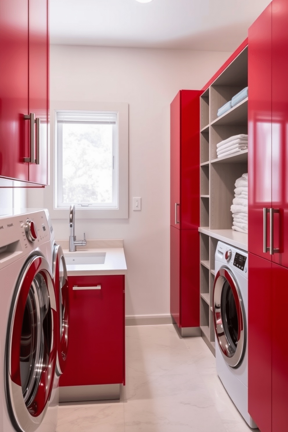 A contemporary laundry room featuring striking red cabinetry with sleek, modern handles. The space is well-lit, showcasing a combination of open shelving and closed storage, with a stylish countertop for folding clothes.