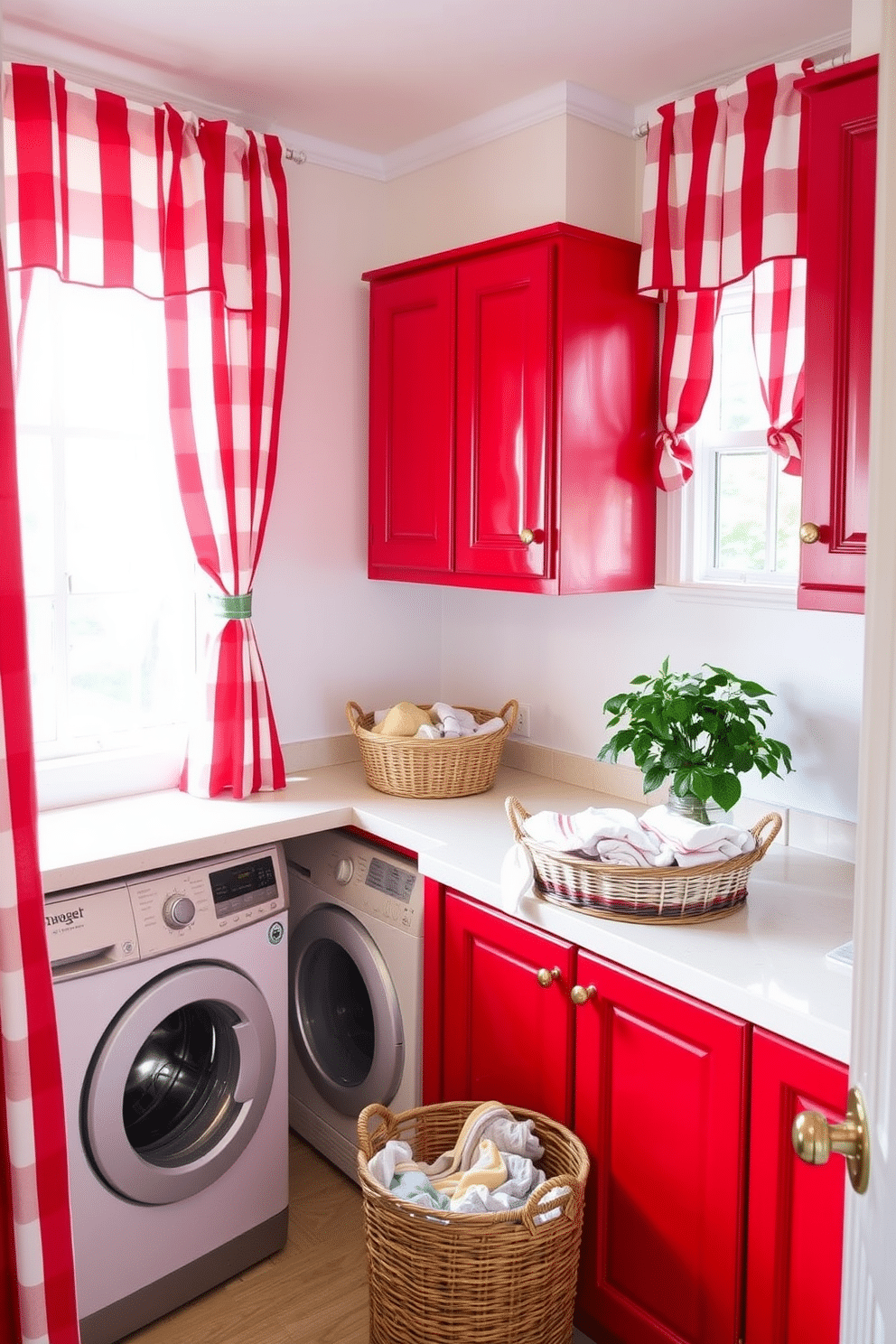 A charming laundry room featuring red and white striped curtains that add a playful touch to the space. The room includes a spacious countertop for folding clothes, with a vintage washing machine and dryer tucked neatly underneath. Bright red cabinetry complements the curtains, providing ample storage while enhancing the room's vibrant aesthetic. A basket filled with freshly laundered clothes sits beside a potted plant, adding a touch of greenery to this functional yet stylish area.